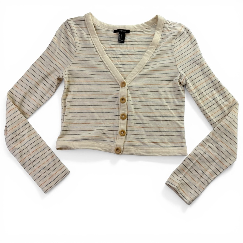 Forever 21 Striped Cropped Cardigan Size M Button Front Long Sleeve Top